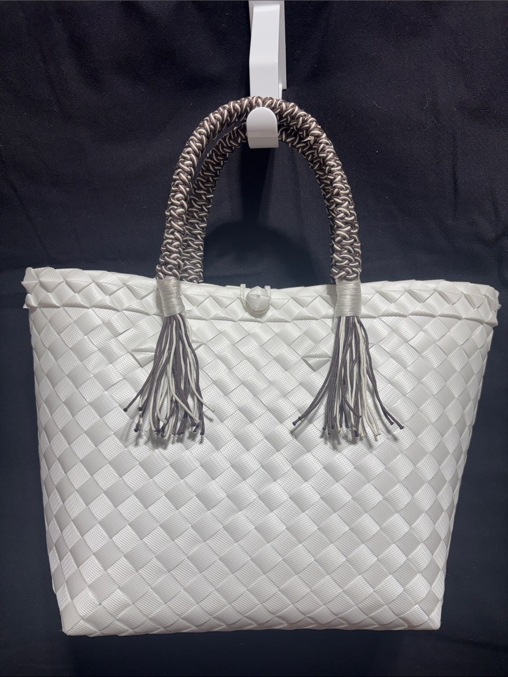 Woven White Tote with Braided Tassel Handles